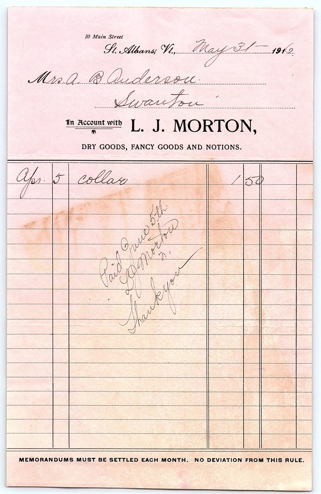 1912 L. J. Morton St. Albans, VT Dry Goods Billhead