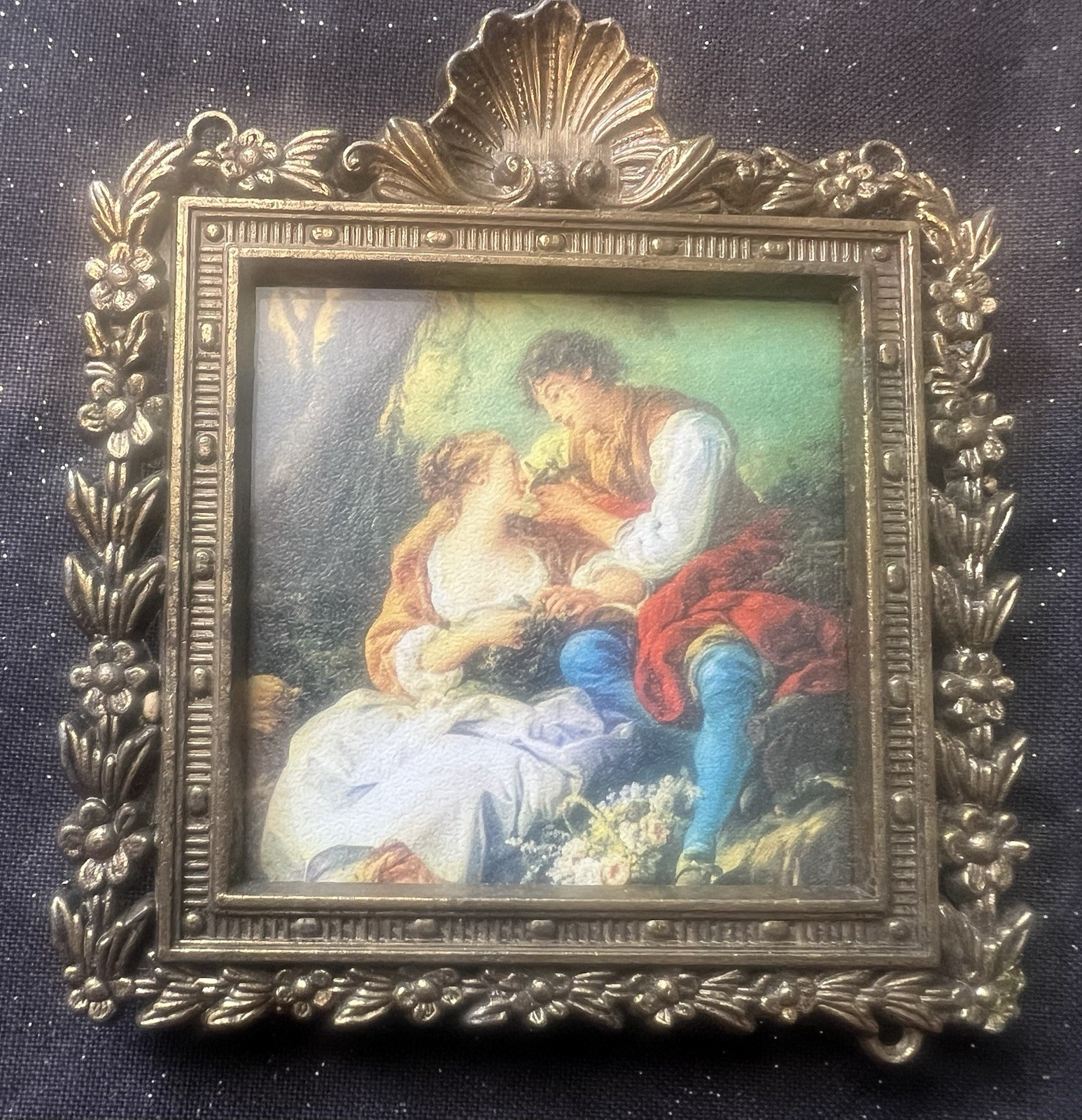 Vintage Miniature Victorian Gold Metal Framed Picture