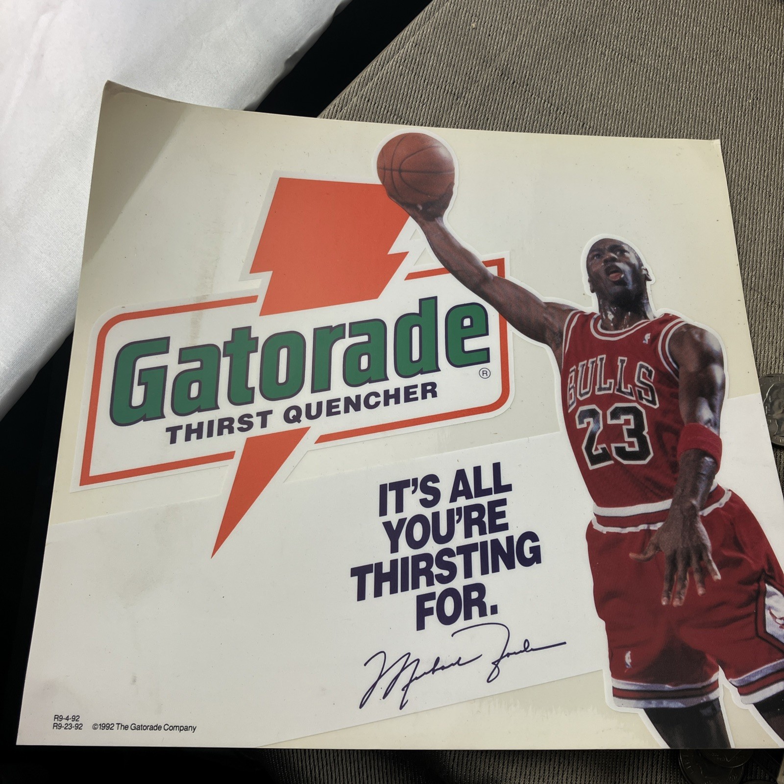 1992 MICHAEL JORDAN GATORADE WINDOW CLING DECAL
