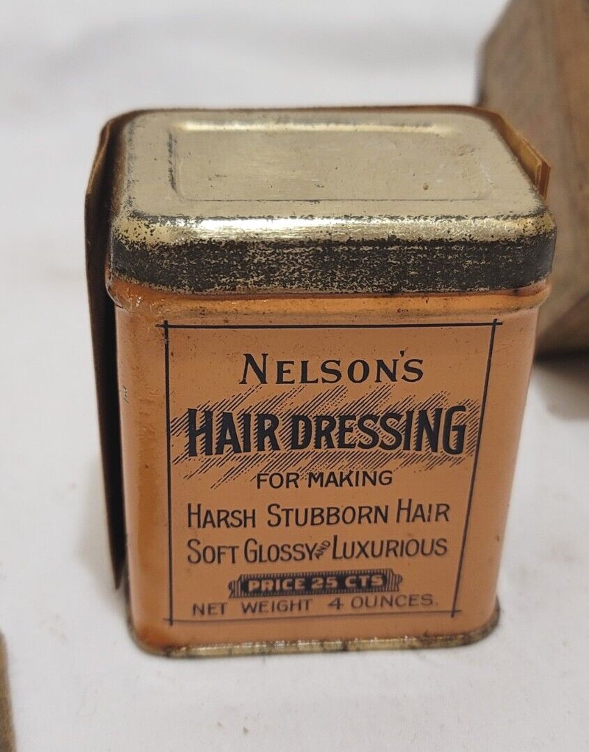 ANTIQUE NELSON'S HAIR DRESSING TIN COLORFUL FUll CONTENTS W/ BOX & INSTRUCTIONS 