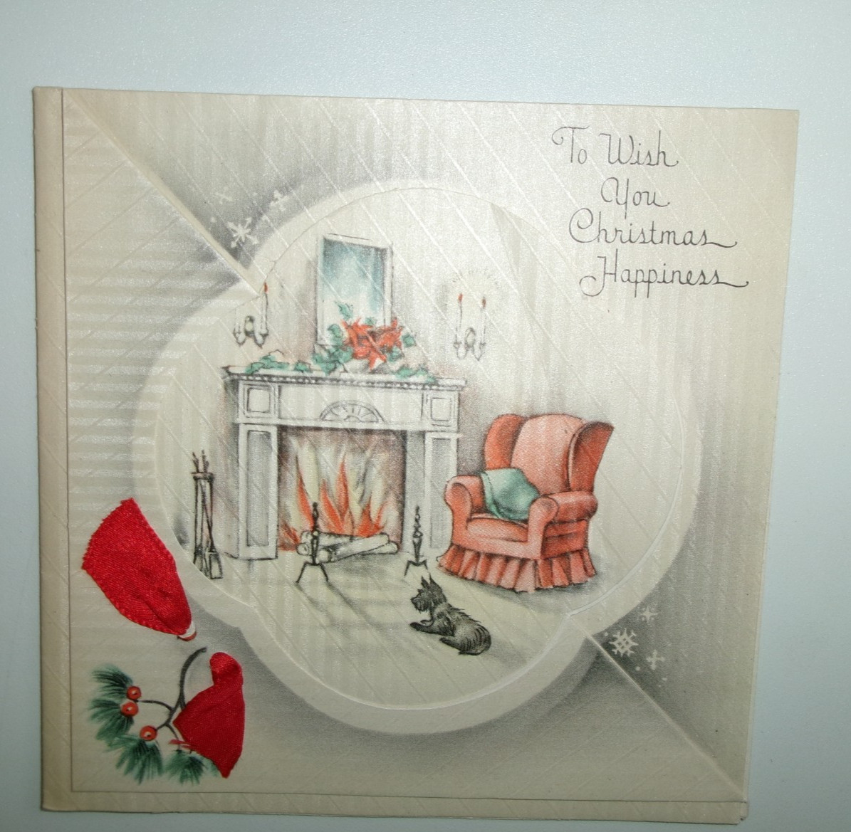 Vtg Christmas Card HOME INTERIOR Fireplace Aglow Scotty Dog Rests 1930\'s