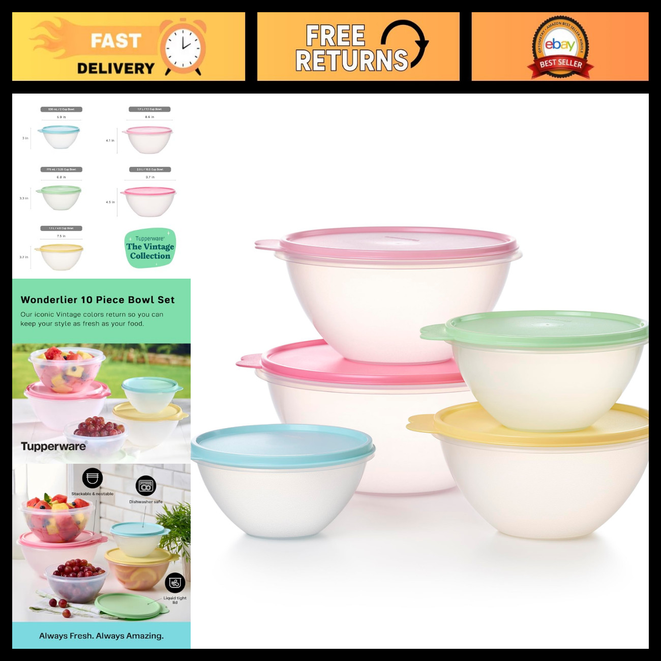 Vintage Pastel 10-Piece Food Storage Set - 5 Bowls & 5 Lids, Airtight Containers