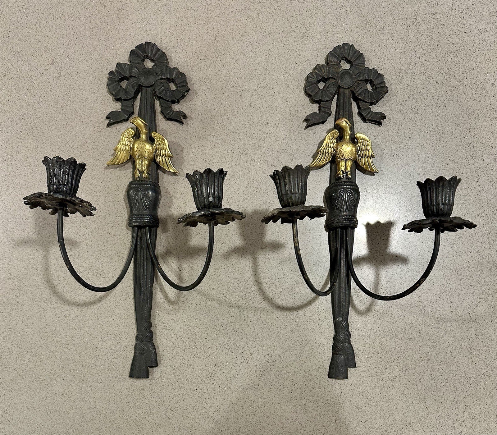 1976 Virginia Metalcrafters Horace Burns Brass Eagle Wall Sconces Pair 15”