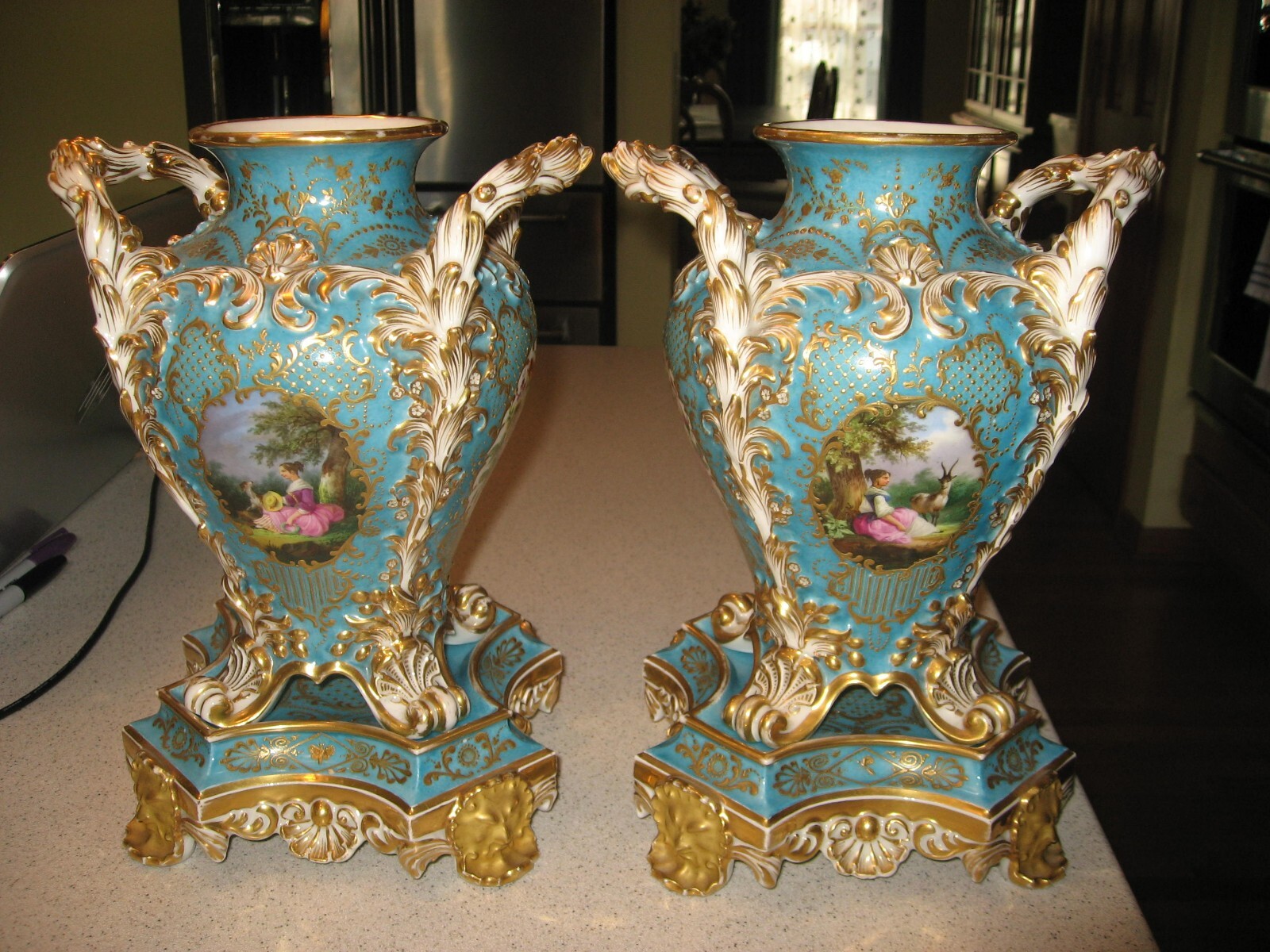 Antique Pair of French c.1840 Jacob Petit Porcelain Vases with Stands Signed Antique Pair of French c.1840 Jacob Petit Porcelain Vases with Stands Signed