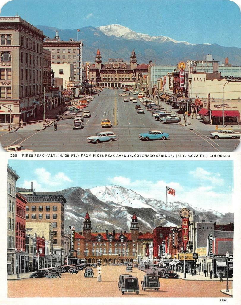 CO Colorado Springs PIKES PEAK AVE c1940\'s Linen & c1960\'s Chrome  *2* Postcards