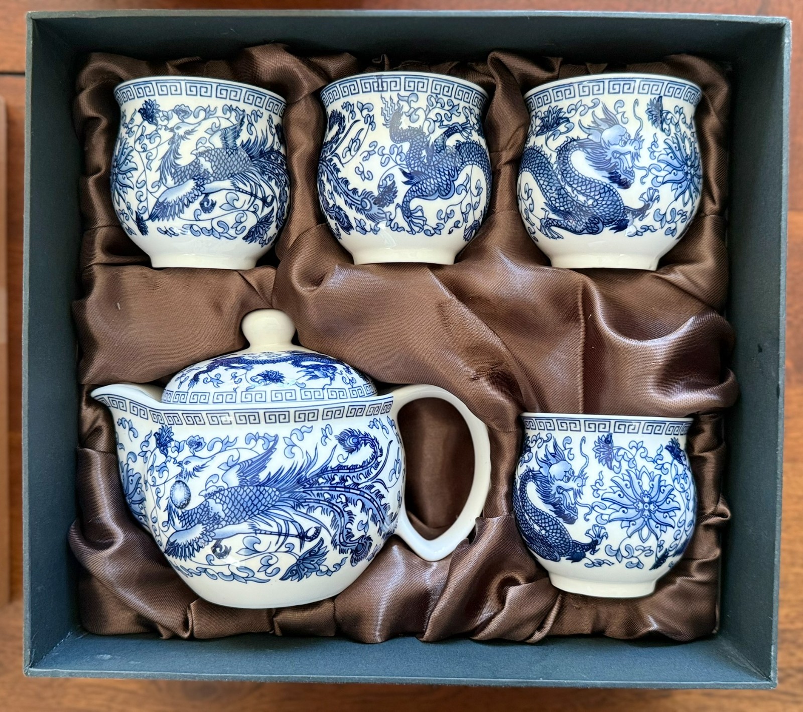 Blue-and White Porcelain Dragon-Phoenix Tea Set_5 Pieces_New