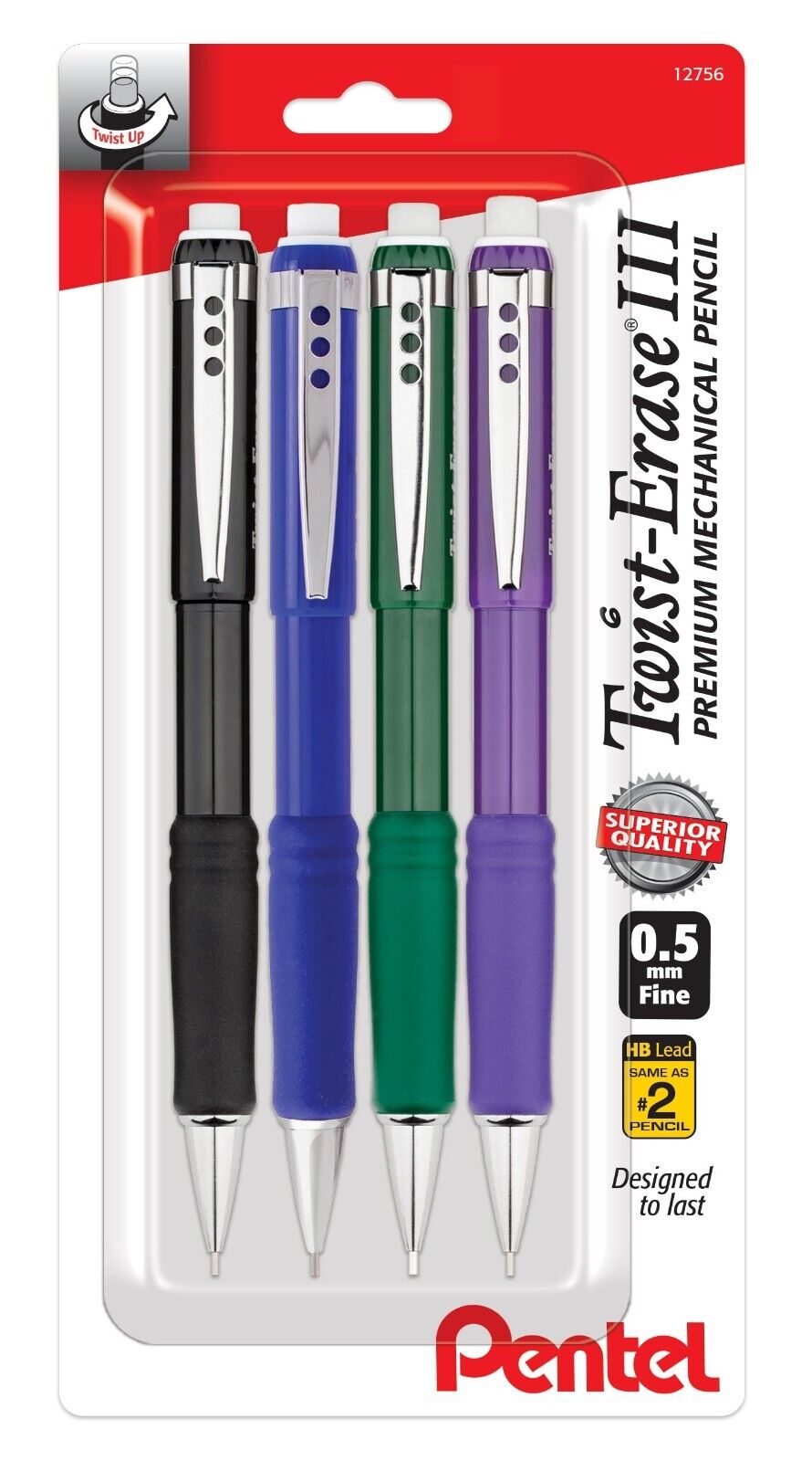 Pentel Twist Erase III Premium Mechanical Pencil 0.5mm 4 pack Assorted Barrels