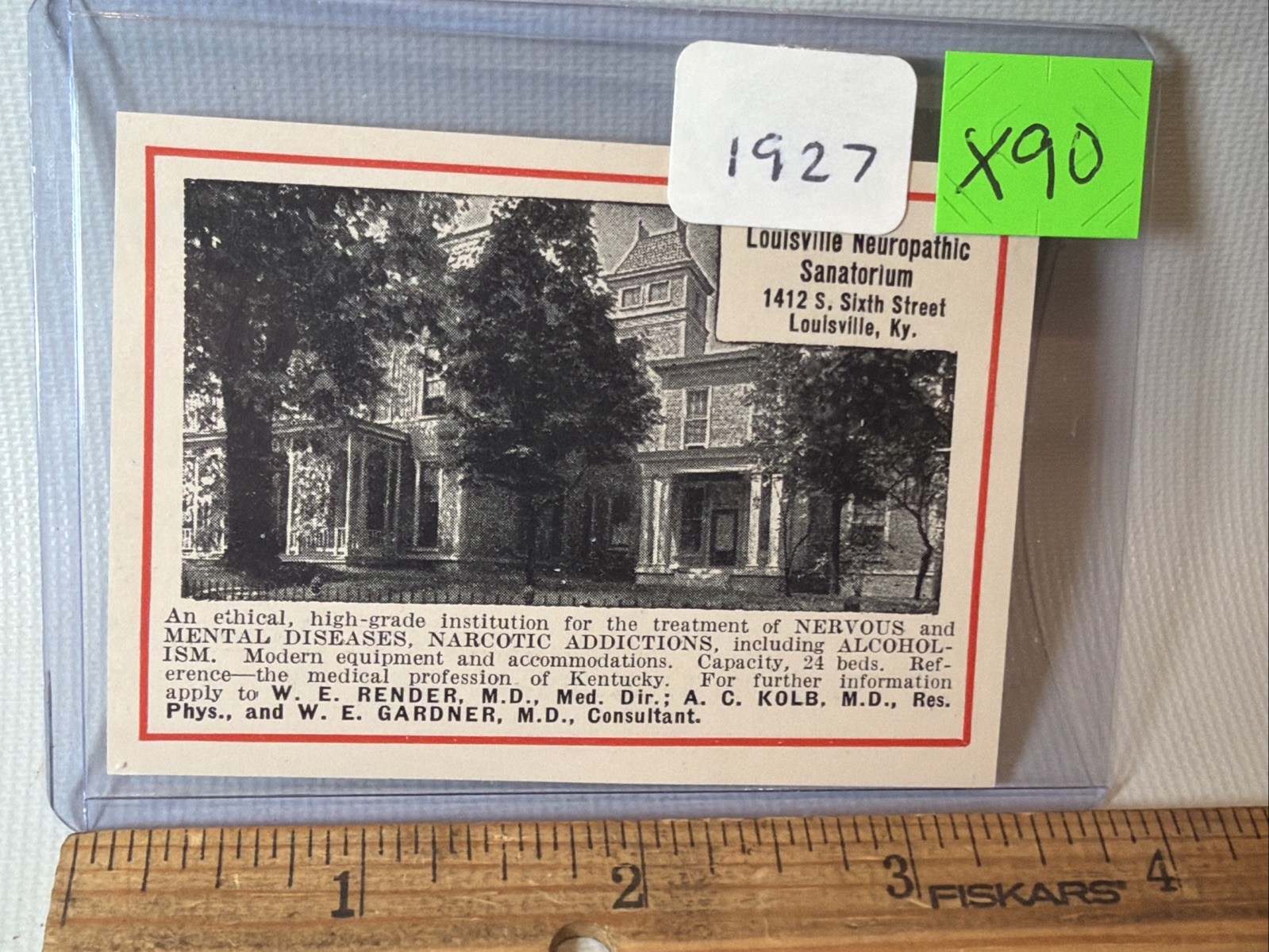 Antique 1927 Louisville KY Mental Sanatorium Narcotic Asylum Picture Ad History