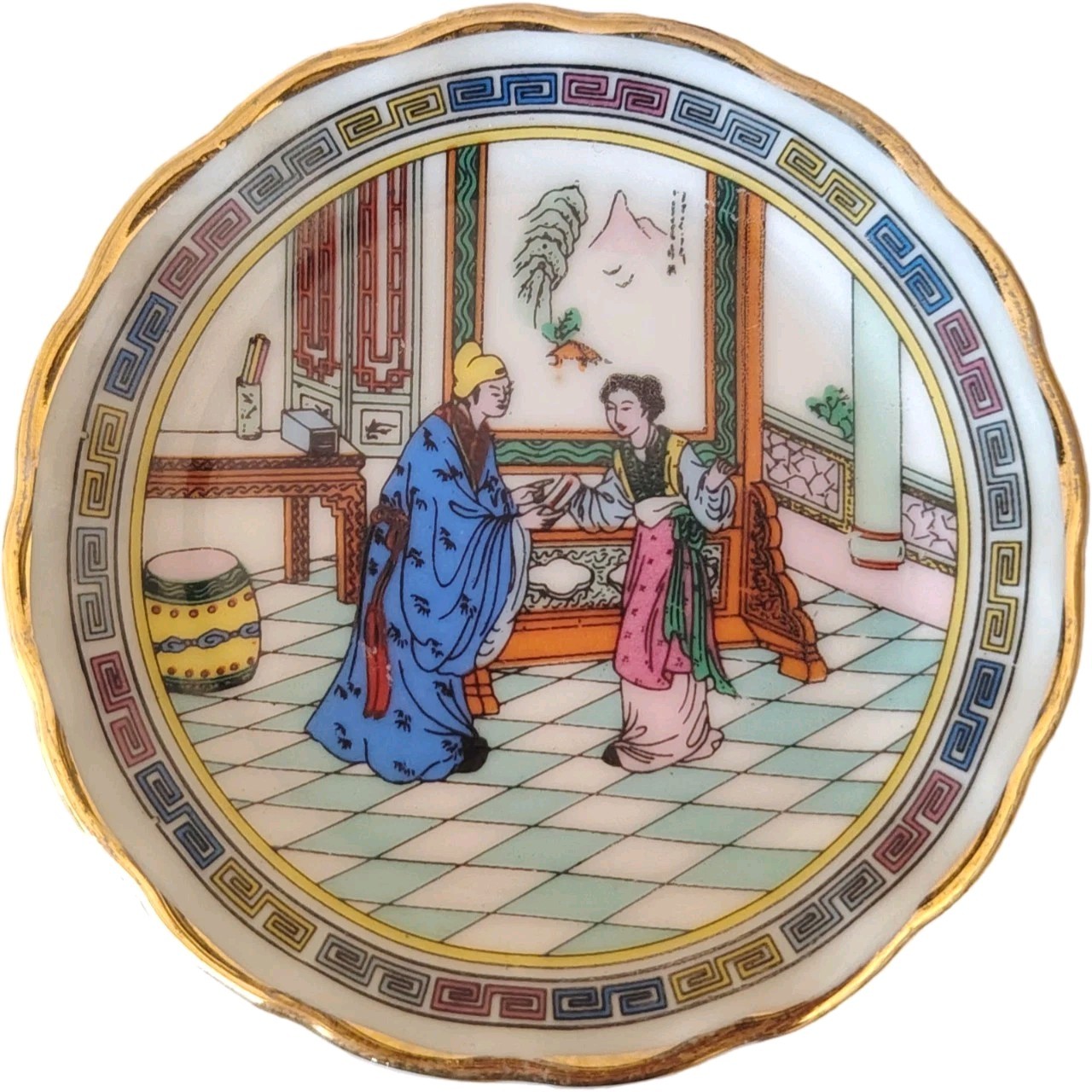 Vintage Chinese Hand Painted Porcelain Macau Mini Dish Courtyard Scene Red Mark Vintage Chinese Hand Painted Porcelain Macau Mini Dish Courtyard Scene Red Mark