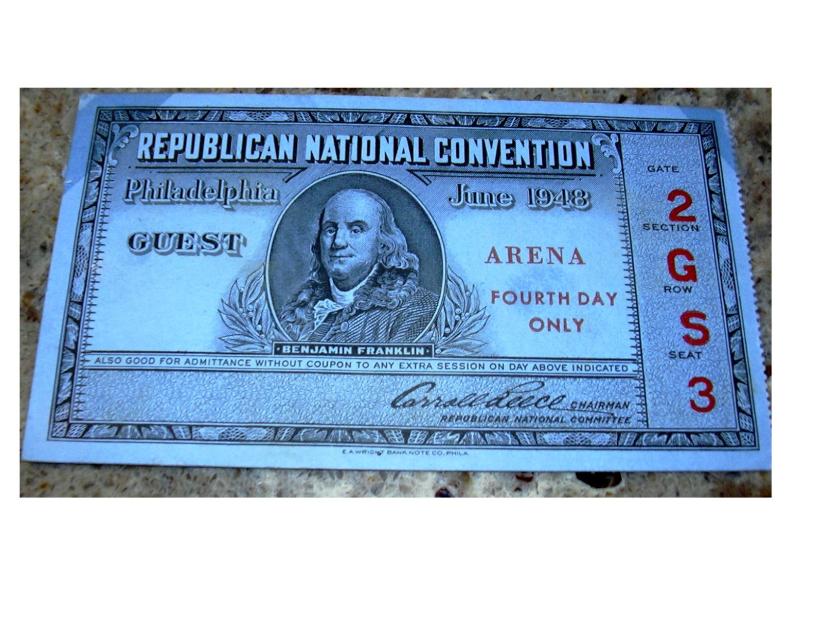 REPUBLICAN NATIONAL CONVENTION Ticket Pass JUNE 1948 PHILADELPHIA