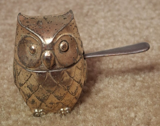 Vintage Owl Salt Cellar w/ Spoon, Made In Japan, 1  7/8\