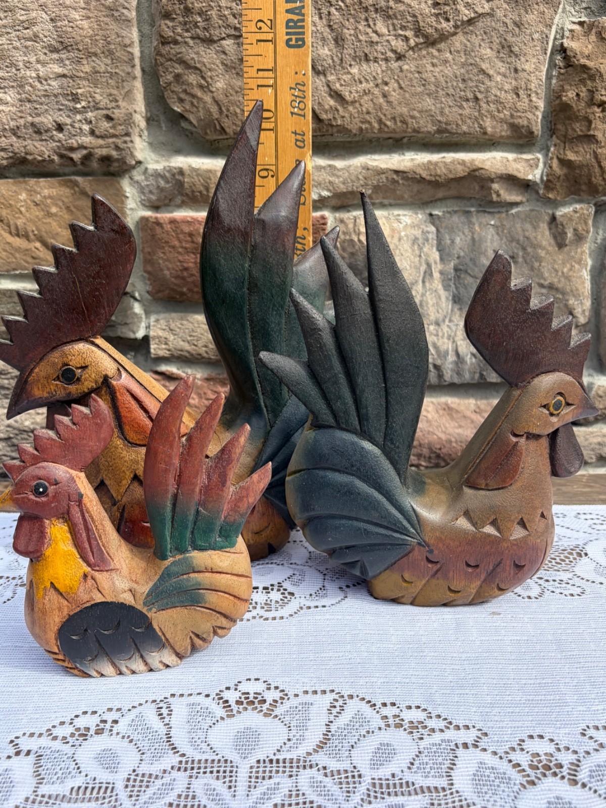 Vintage Hand Carved Wooden Rooster Figurine Lot of 3 Painted Folk Art Sculptures
