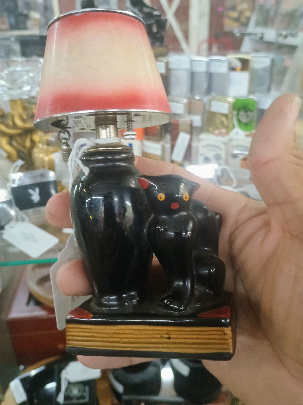 Vintage 1940's To 1950's Evanus Black Cat Table Lighter Enamel Lamp Shade 