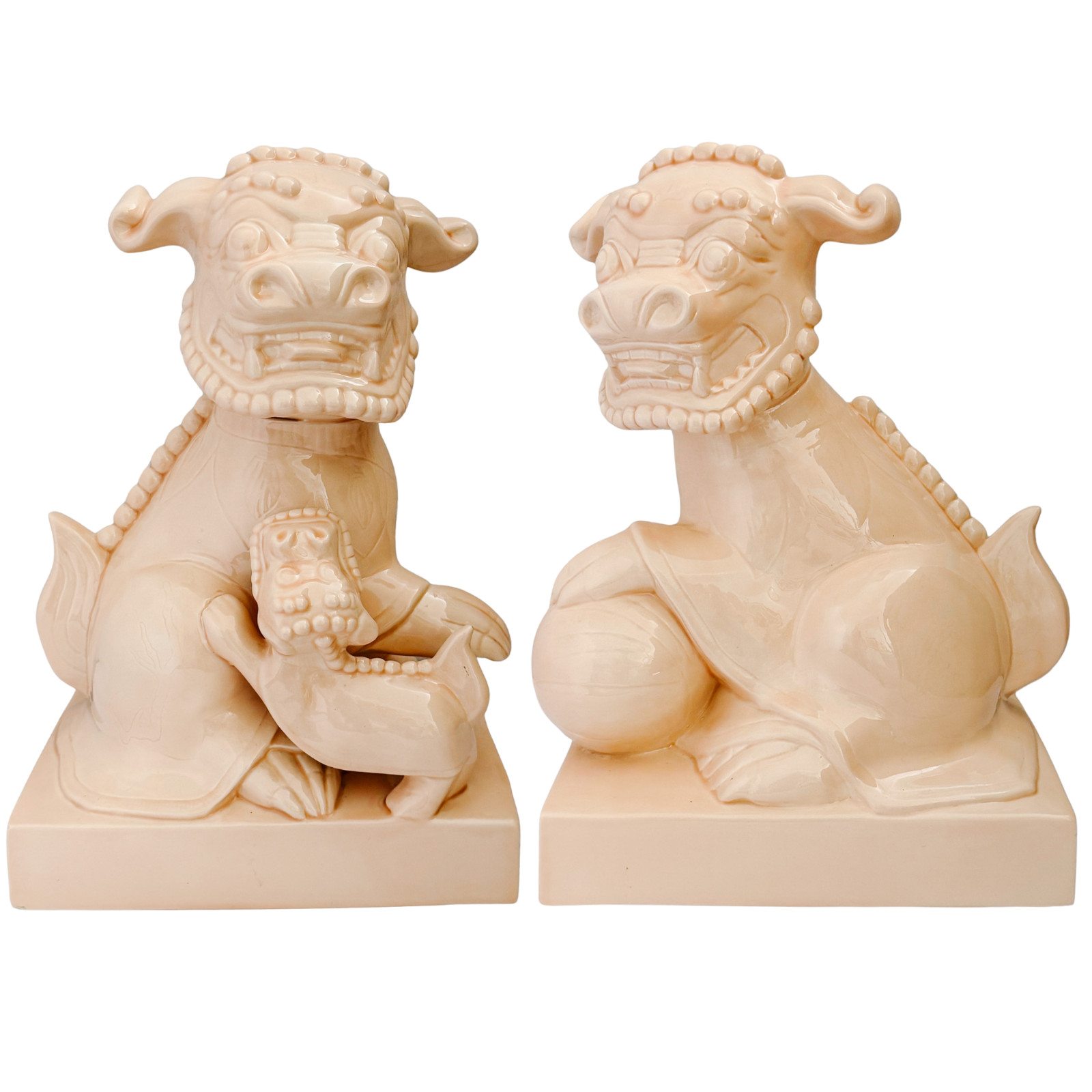 Large Scale Vintage Monochrome Blush Pink Glazed Ceramic Foo Dogs 13\