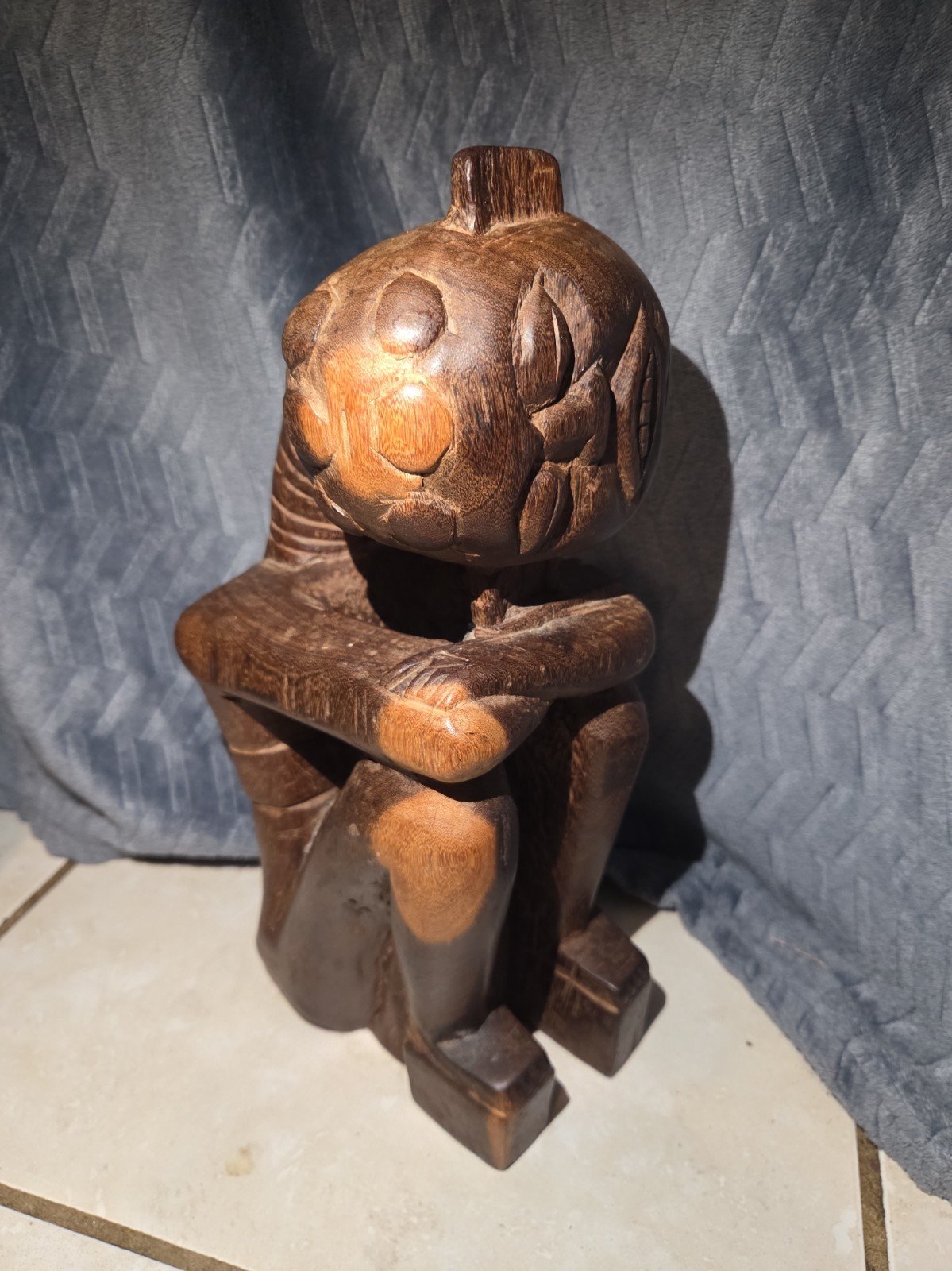 Vintage African Hand Carved Wood Seated Figure Sculpture 13.5\
