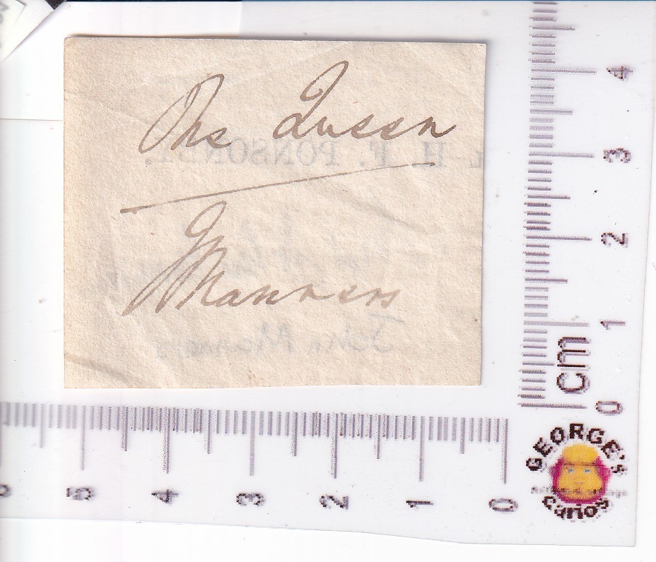 Lord John Manners autograph fragment re Queen Victoria on H F Ponsonby slip