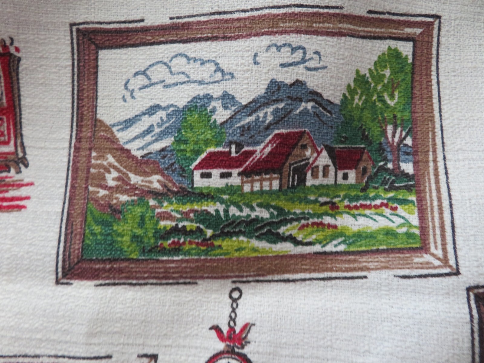 Vintage Grandma Moses - esque style Barkcloth Fabric 1940's NEVER USED Red Barn