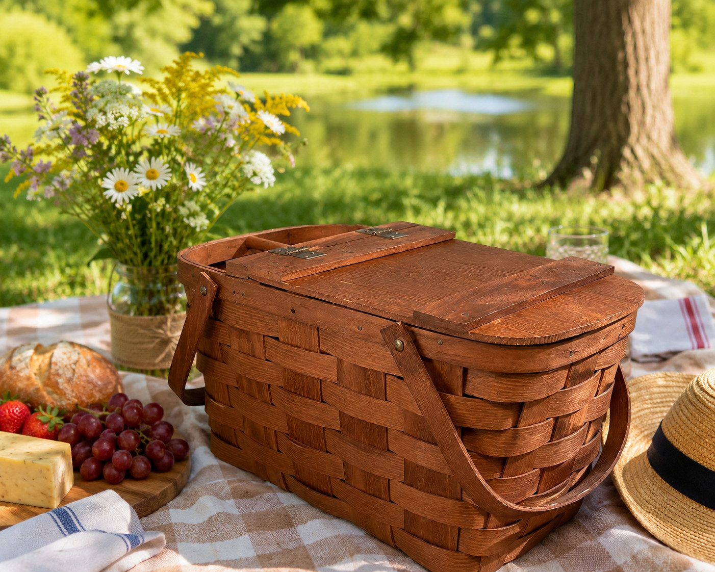 Vintage Basketville Putney Vermont Handmade Wood Picnic Basket with Handles MCM Vintage Basketville Putney Vermont Handmade Wood Picnic Basket with Handles MCM
