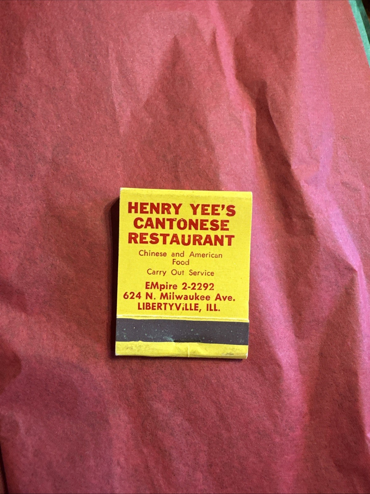 Rare Vintage Unstruck Matchbook Henry Yee’s Cantonese Restaurant.