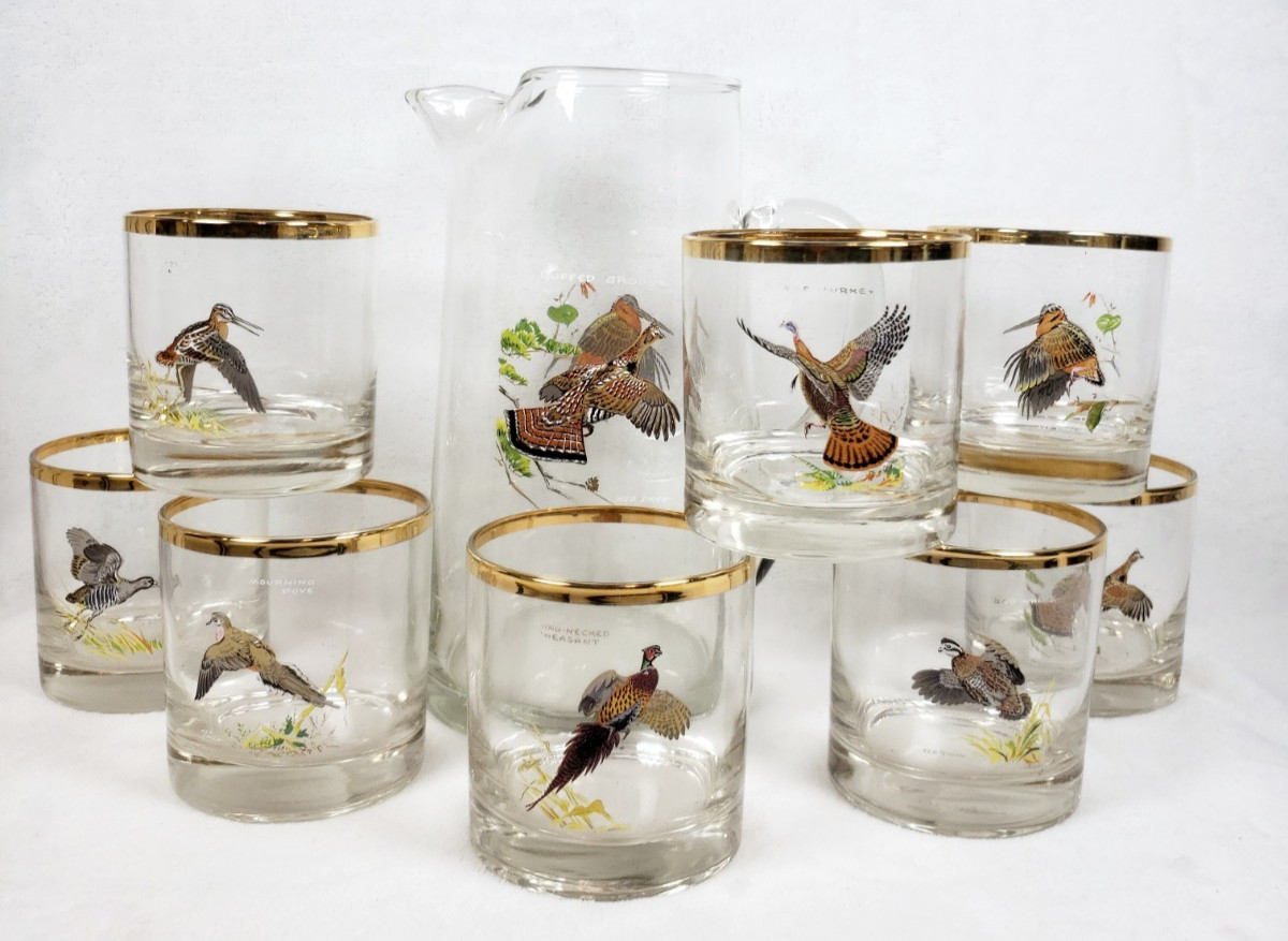 1960s Vintage West Virginia Glass Game Bird 8 Gold Rimmed Glasses & Pitcher Set