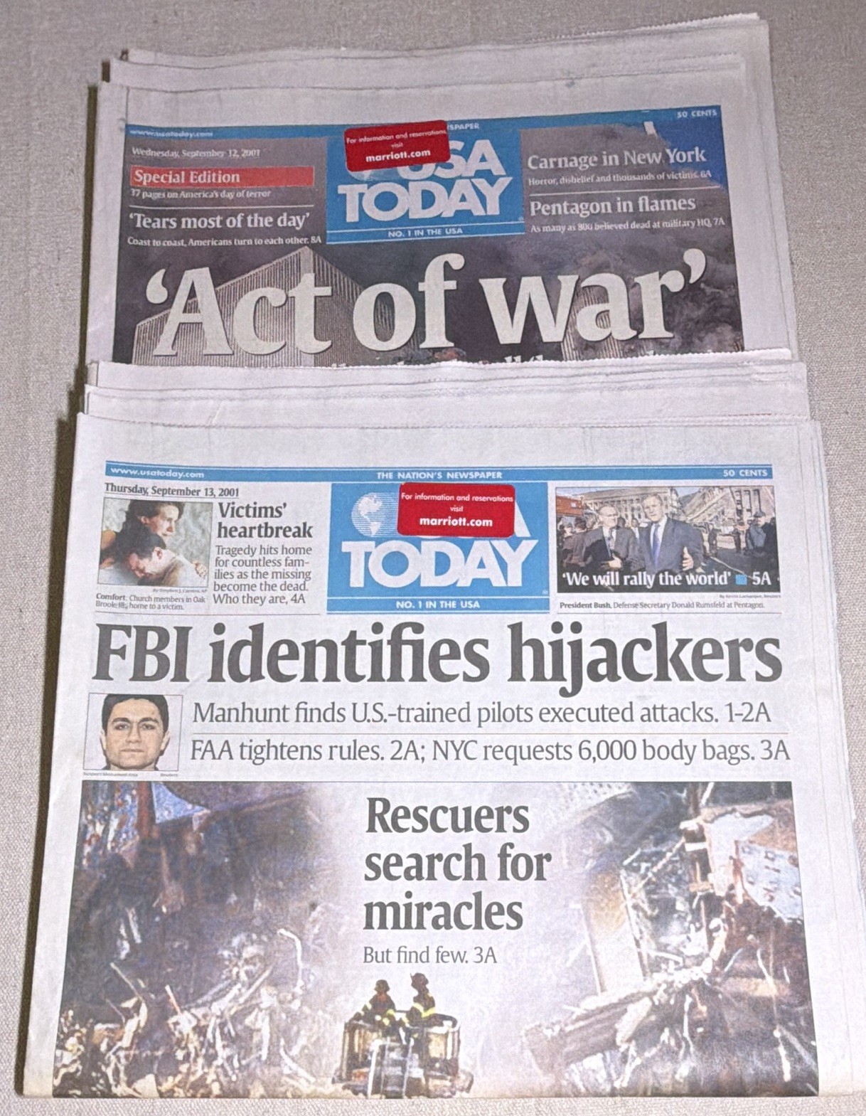 USA TODAY Wednesday September 12 and Thursday, 13, 2001 Lot of 2 USA TODAY Wednesday September 12 and Thursday, 13, 2001 Lot of 2