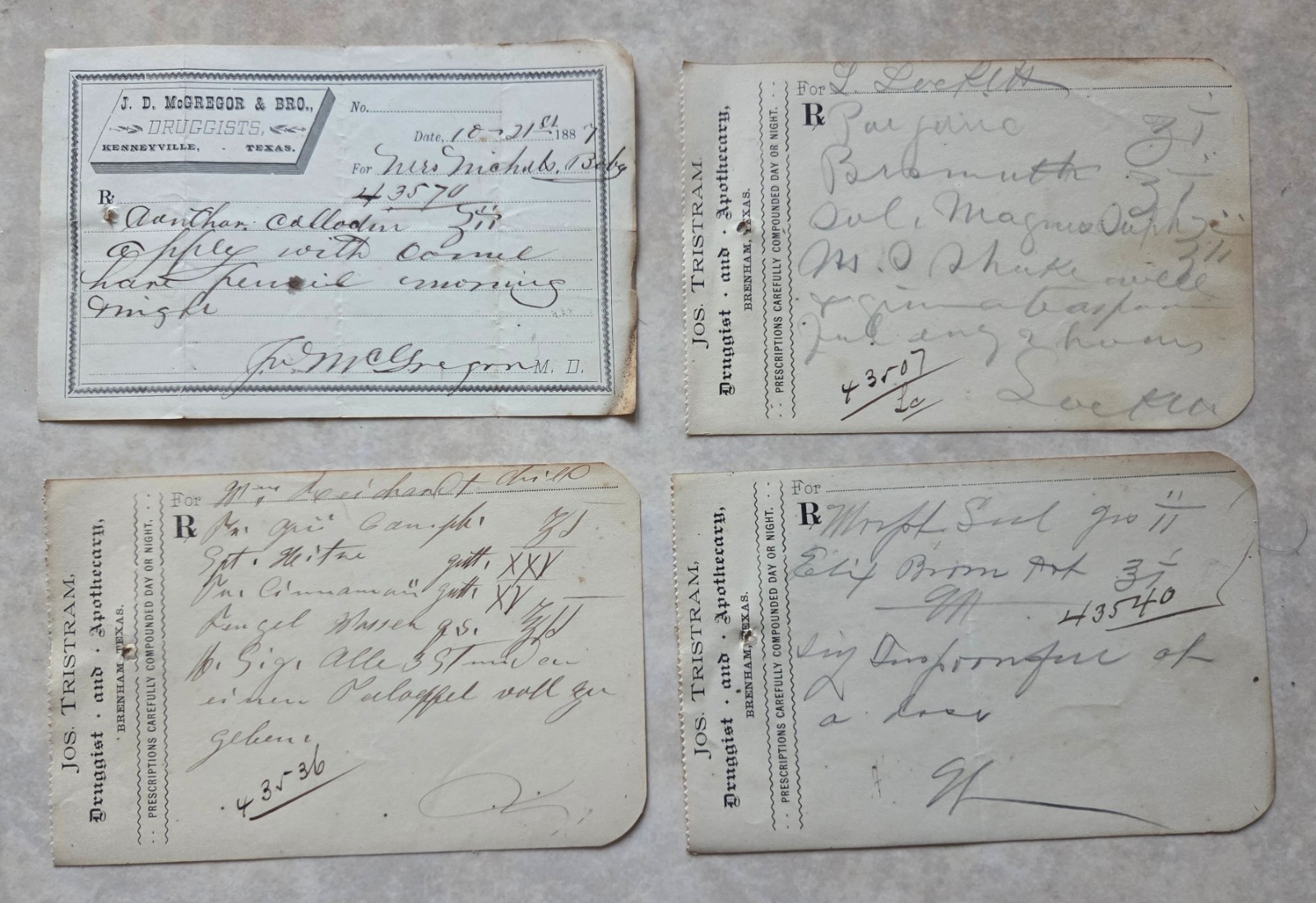 Four 1887 antique prescriptions - Morphine, Opium, Paregoric & Rx for Baby