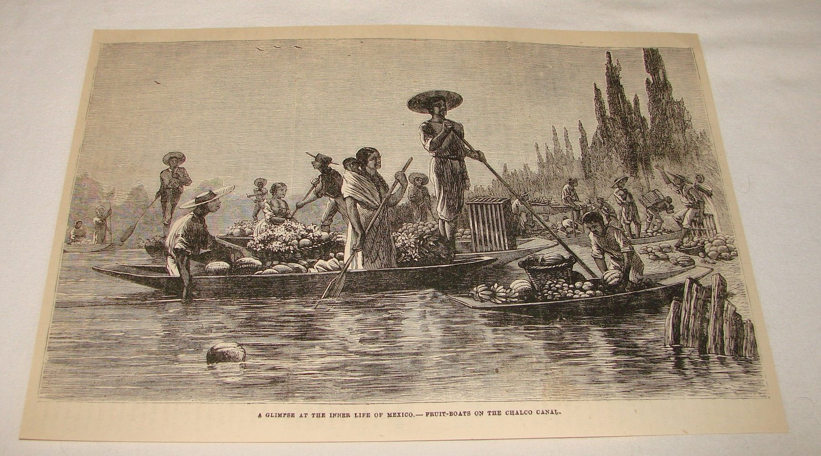 1879 magazine engraving ~ FRUIT-BOATS ON CHALCO CANAL, Mexico