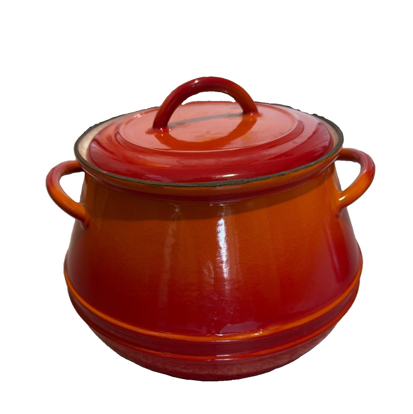 Vintage DESCOWARE BELGIUM Flame Bean Pot w/Lid Cast Iron Enamel Red Orange