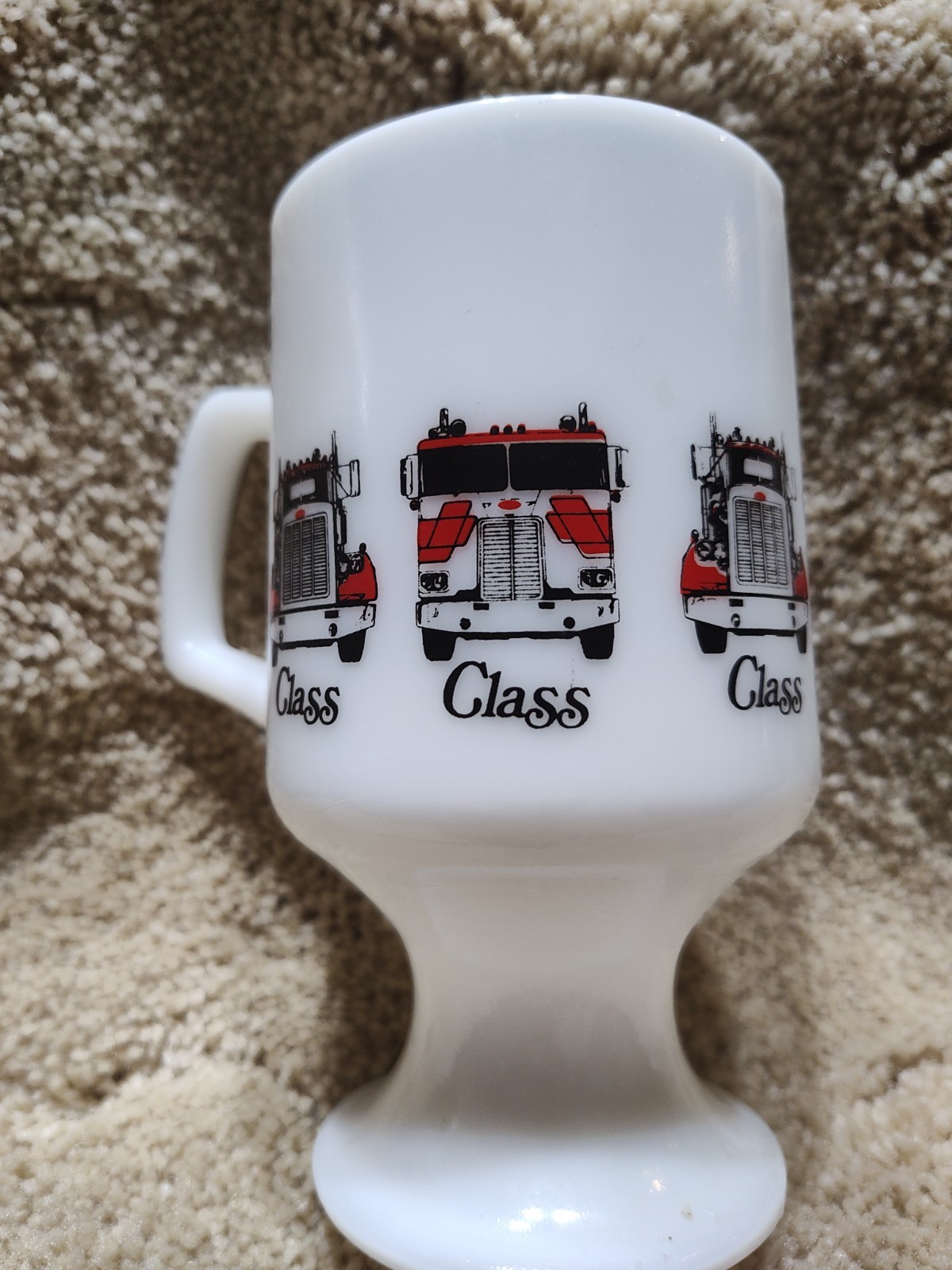 Vintage Milk Glass Mug Featuring Semi/Trucks