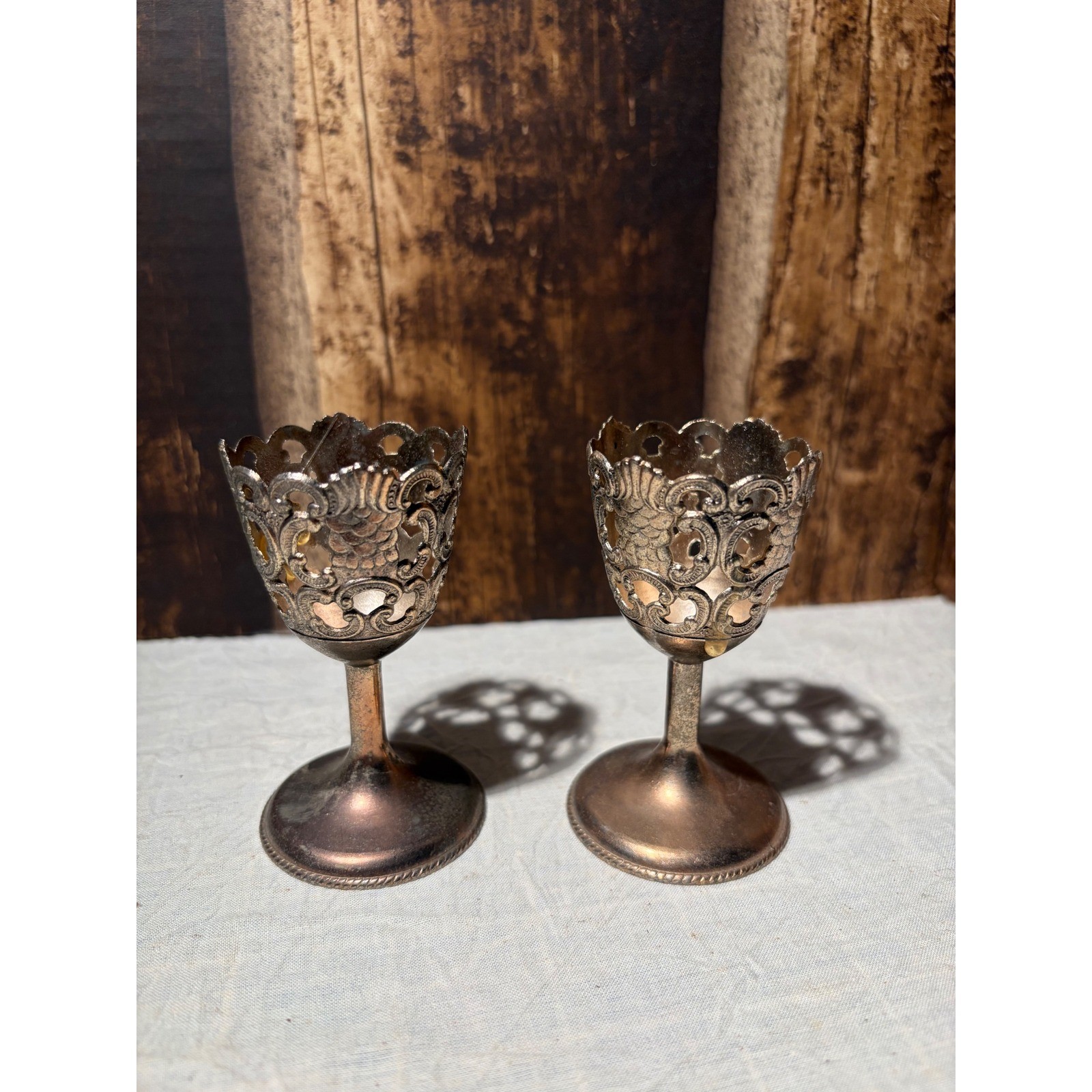 Vintage Raimond Japan Silver Plated Filigree Egg Cups Set of 2 Ornate Pierced Vintage Raimond Japan Silver Plated Filigree Egg Cups Set of 2 Ornate Pierced