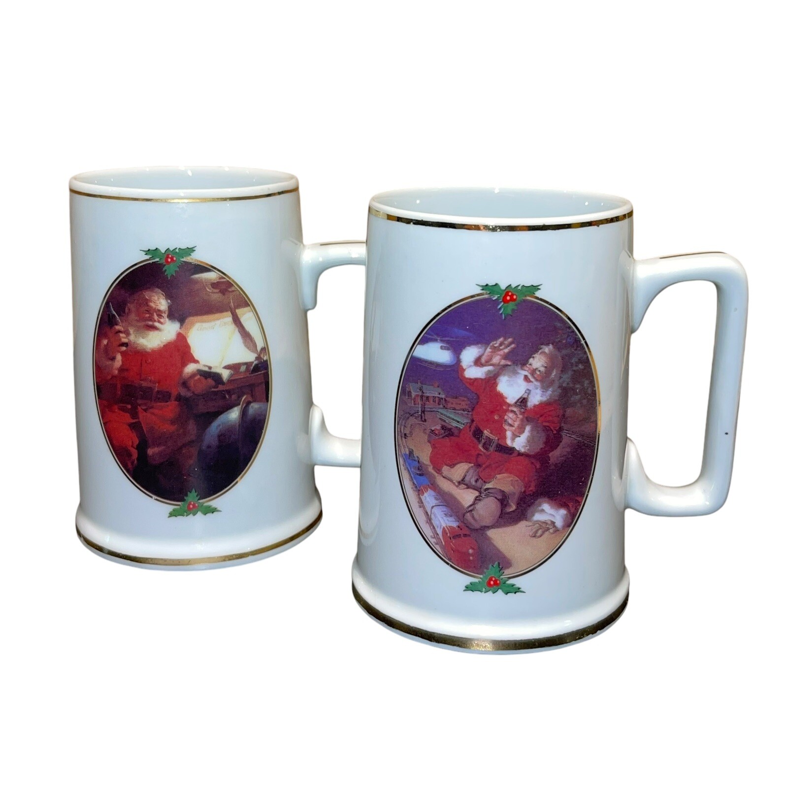 90s Vintage 1996 Coca Cola Set Of 2 Christmas Santa Claus Stein Mugs EUC