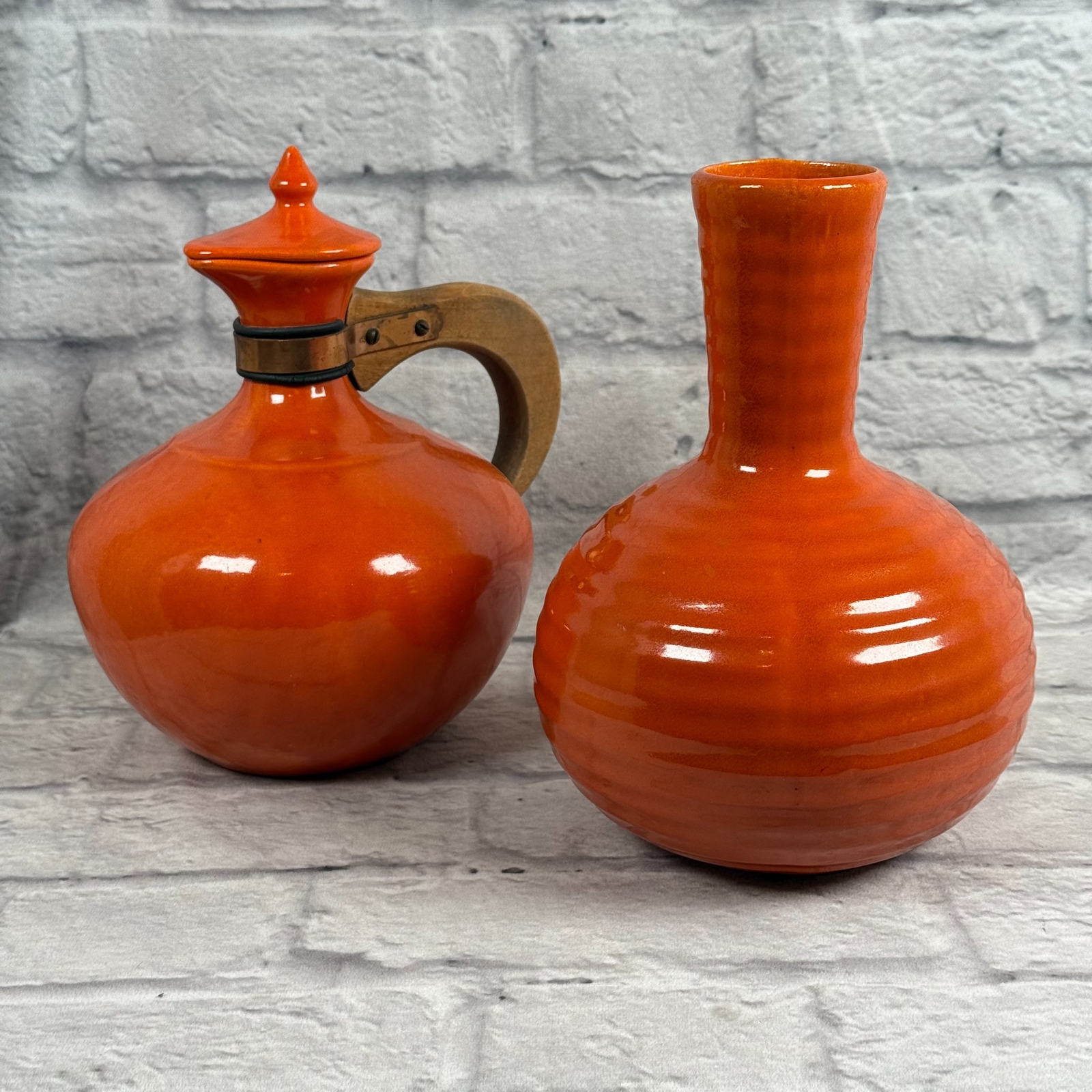 Lot of 2 Vintage Bauer Pottery Orange Ringware Open Water Bottle + Lidded Carafe