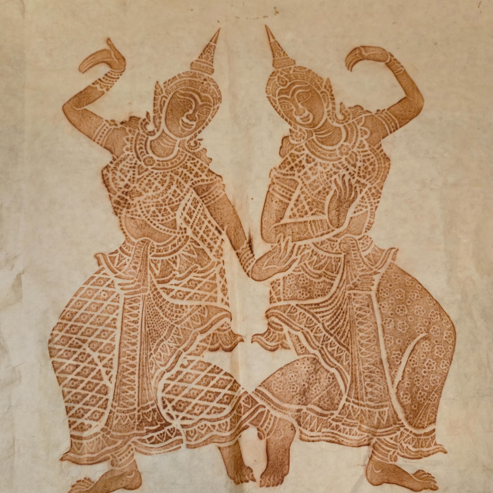 Two Thai ladies dancing, 1960's Vintage Thailand Art Two Thai ladies dancing, 1960's Vintage Thailand Art