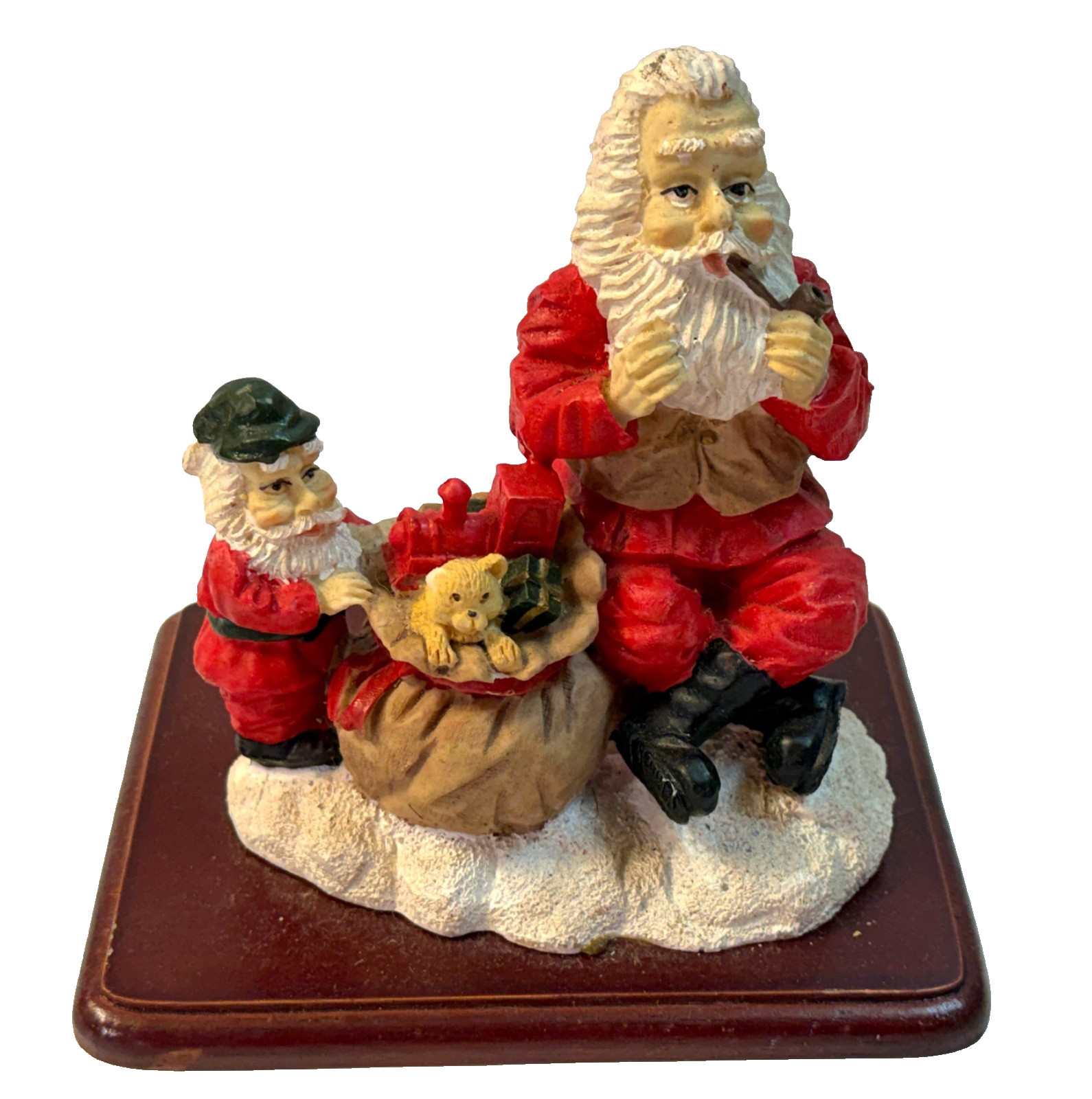 Vintage Resin Santa Claus w Pipe and Helper FigurineOn Wood Base Vintage Resin Santa Claus w Pipe and Helper FigurineOn Wood Base
