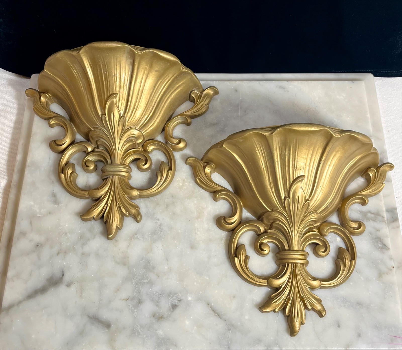 2- Vintage Hollywood Regency Homco Gold Painted Resin Wall Pocket Sconces. #4446 2- Vintage Hollywood Regency Homco Gold Painted Resin Wall Pocket Sconces. #4446