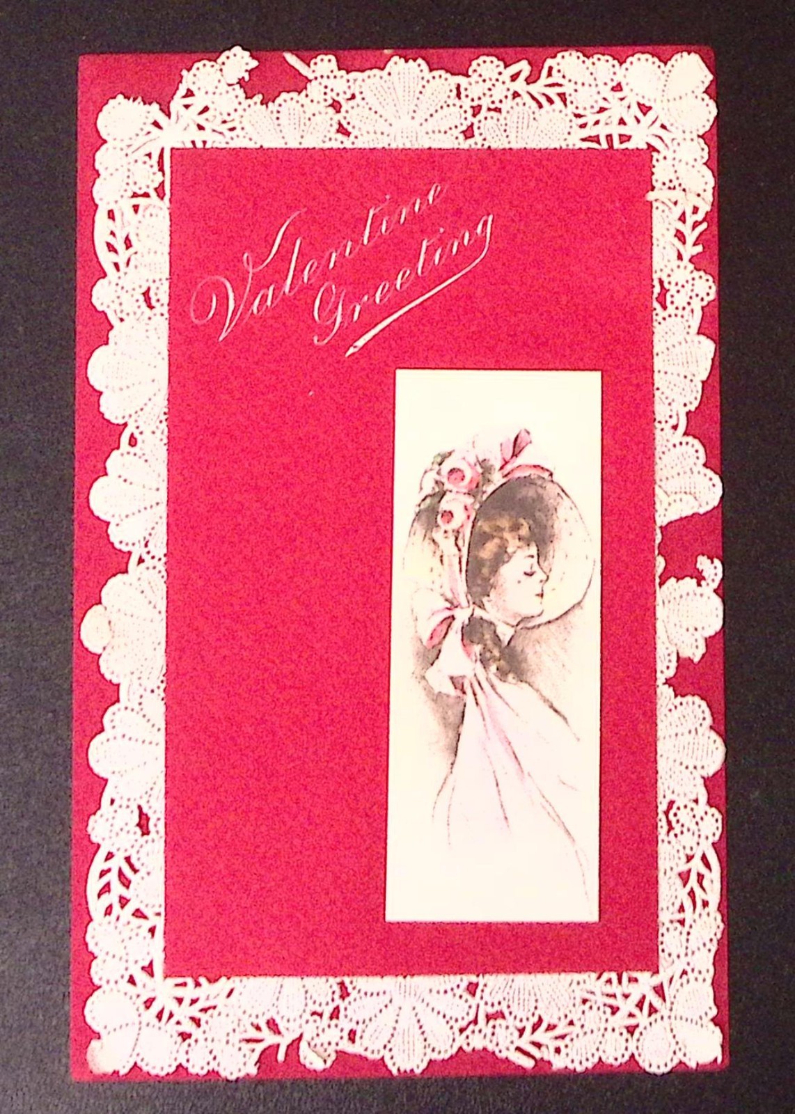 1910S ANTIQUE VALENTINE CARD LACE BORDER GIBSON GIRL WOMAN BONNET HAT Z8408 1910S ANTIQUE VALENTINE CARD LACE BORDER GIBSON GIRL WOMAN BONNET HAT Z8408