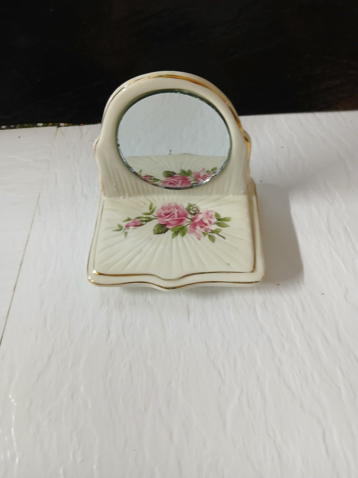 Vintage Ceramic Porcelain Mirror... White And Floral... 