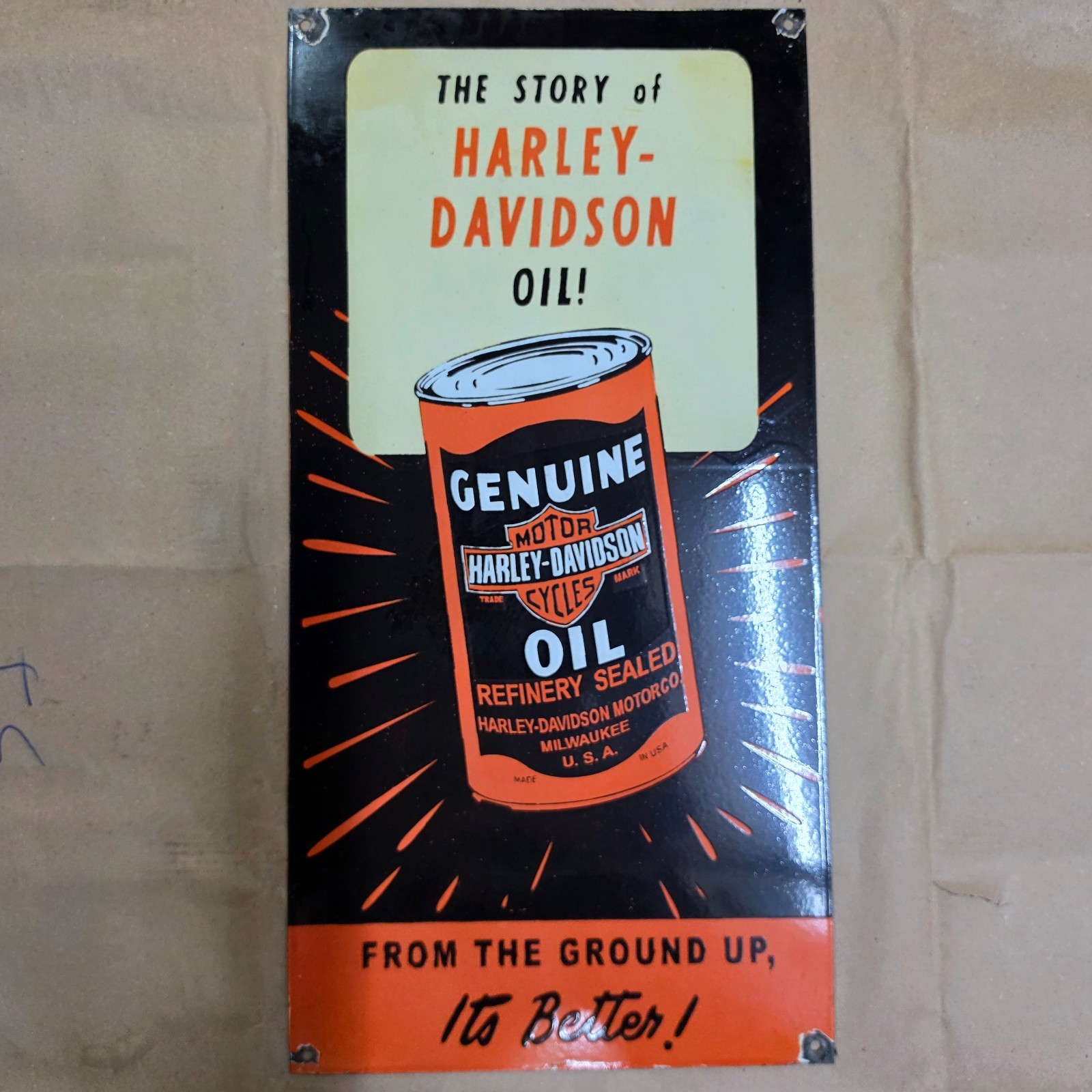 HARLEY DAVIDSON OIL PORCELAIN ENAMEL SIGN 15 X 30 INCHES