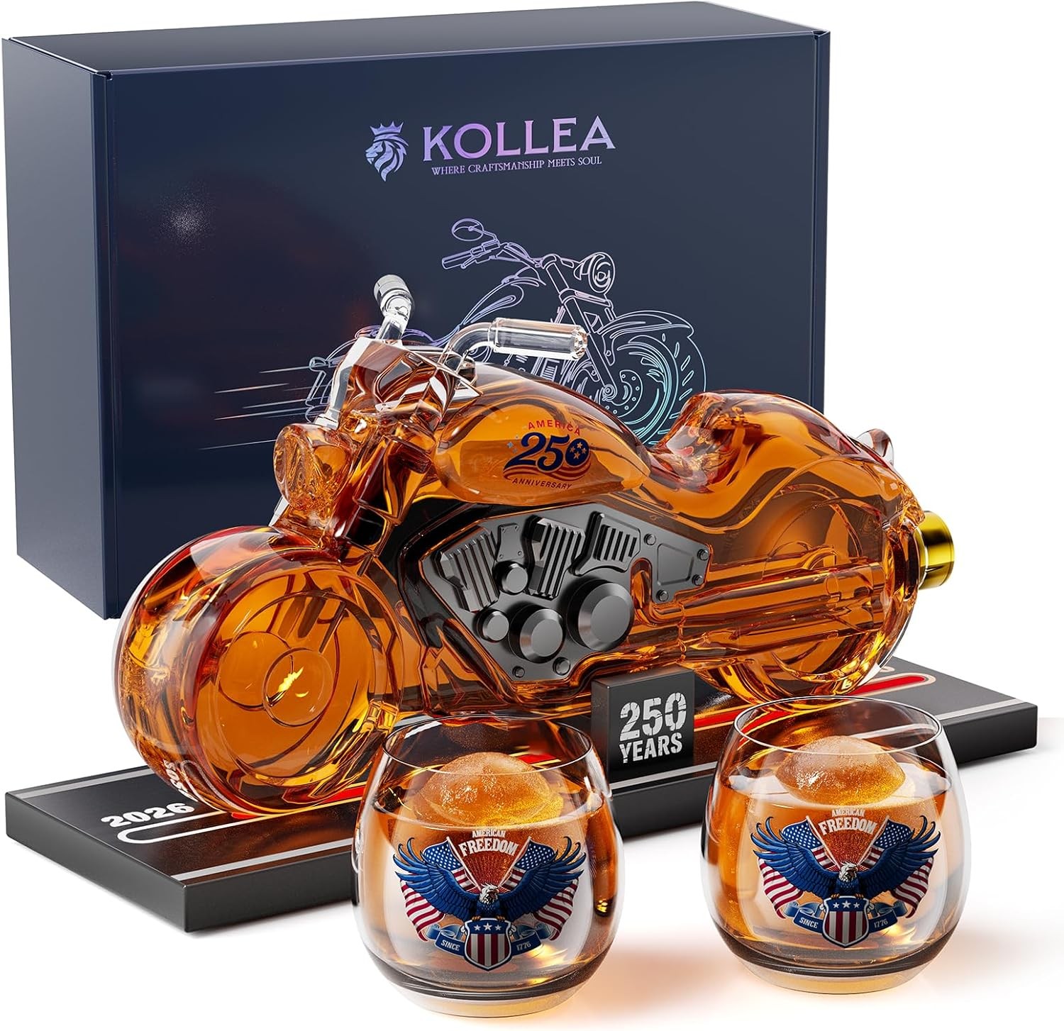 Motorcycle Whiskey Decanter Set 34oz w/ 2 Glasses Route 66 Base Gift Men Bar USA