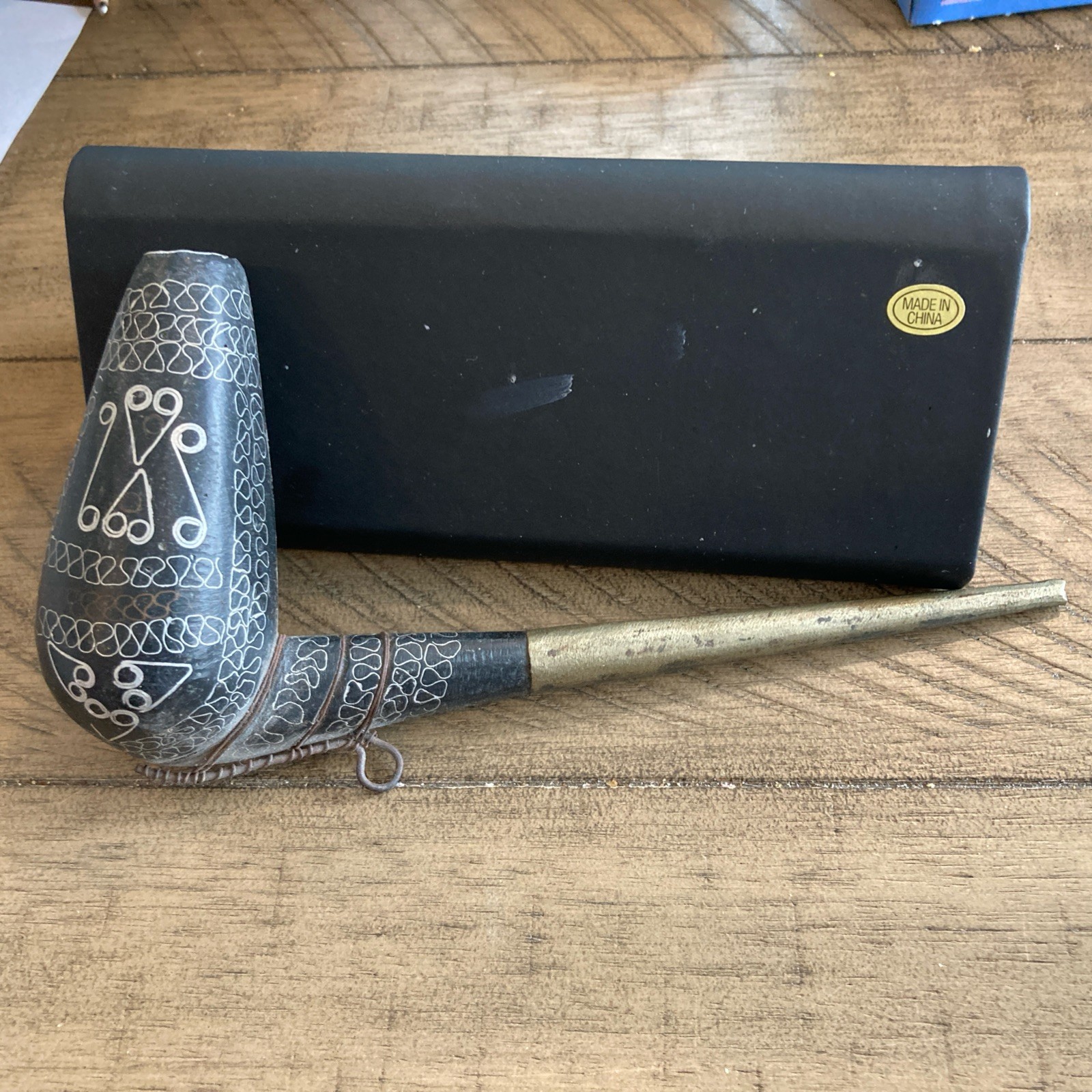 North African Tuareg Wood & Metal Pipe With Inlays.