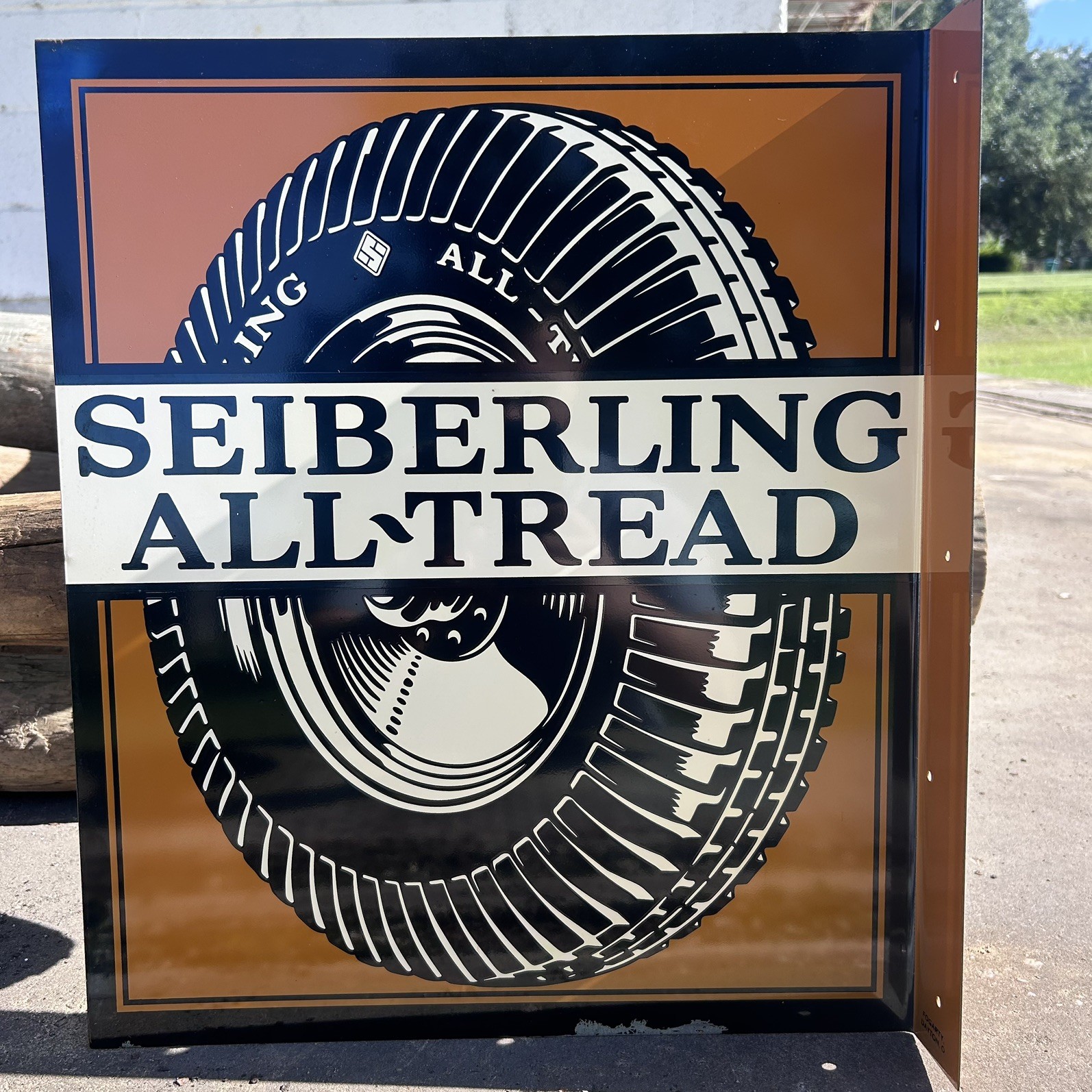 Vintage Sieberling All Tread Rubber Tires Metal Double Sided  Flange Sign