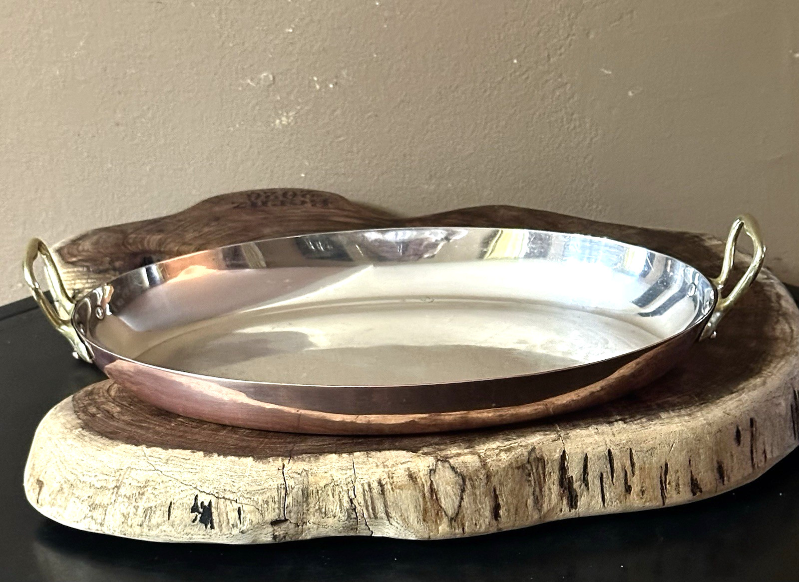 Rare Félix Frères Silver-Lined Copper Oval Gratin Pan Roasting Pot 14” French