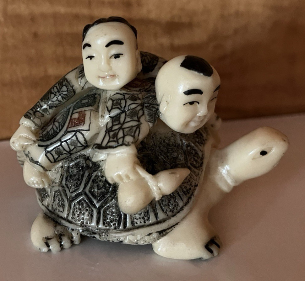 2 CHILDREN on a TURTLE /TORTOISE netsuke 1.75\