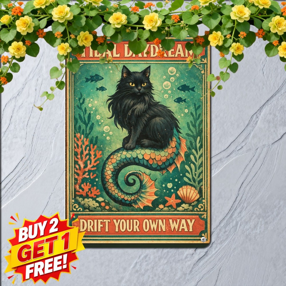 Cute Purrmaid Mermaid Cat Sea Fish Style Bathroom Decor Vintage Metal Tin Sign