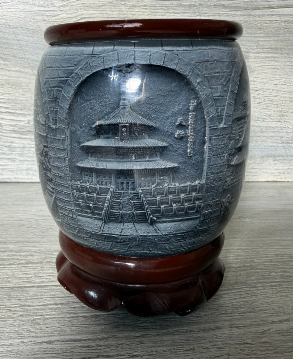 Vintage Asian Stone Carved 3D Relief Brush Pot Calligraphy Pen Holder Rotates