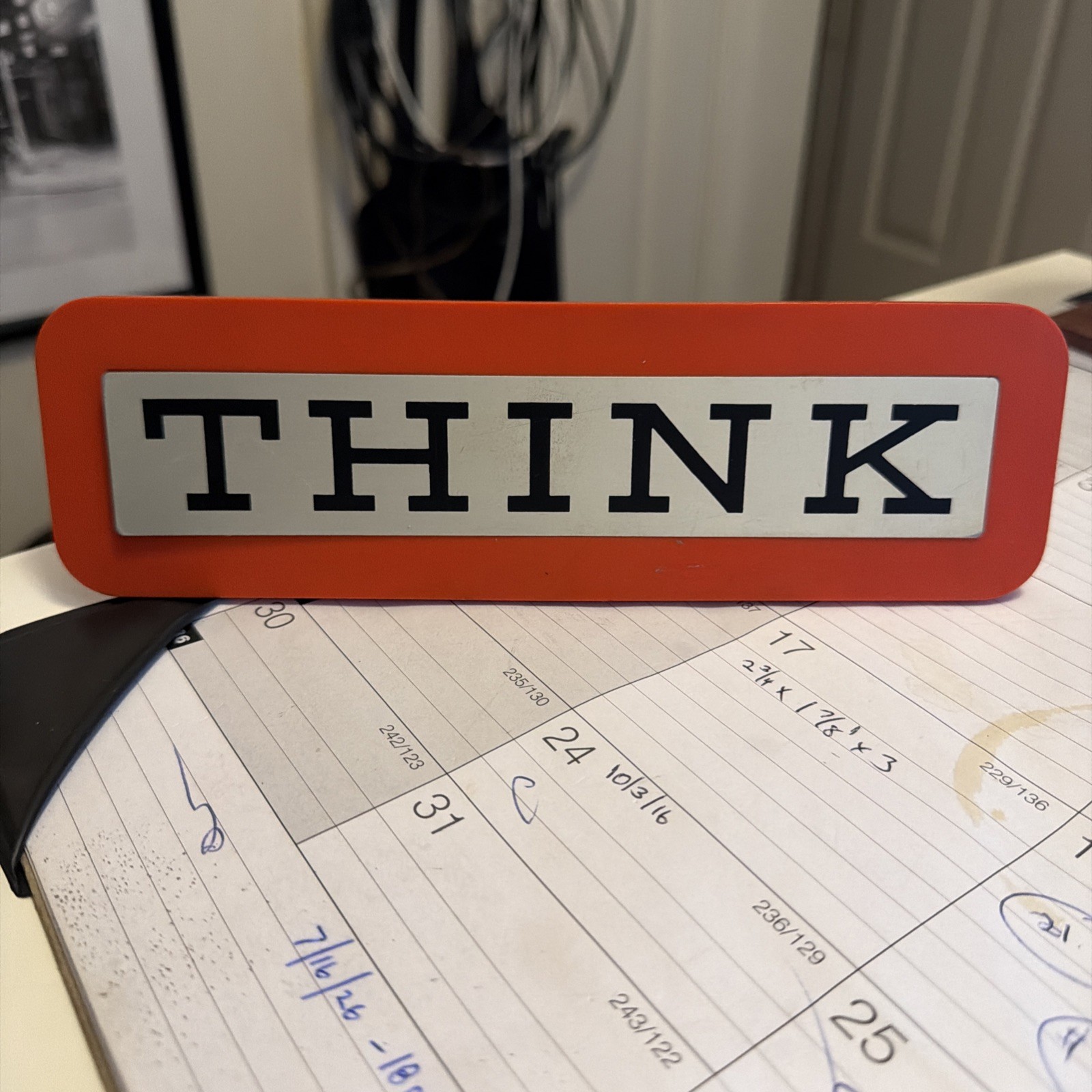 Vintage IBM Desk Sign Plaque Think Orange Computer Advertising Stand Placard HTF