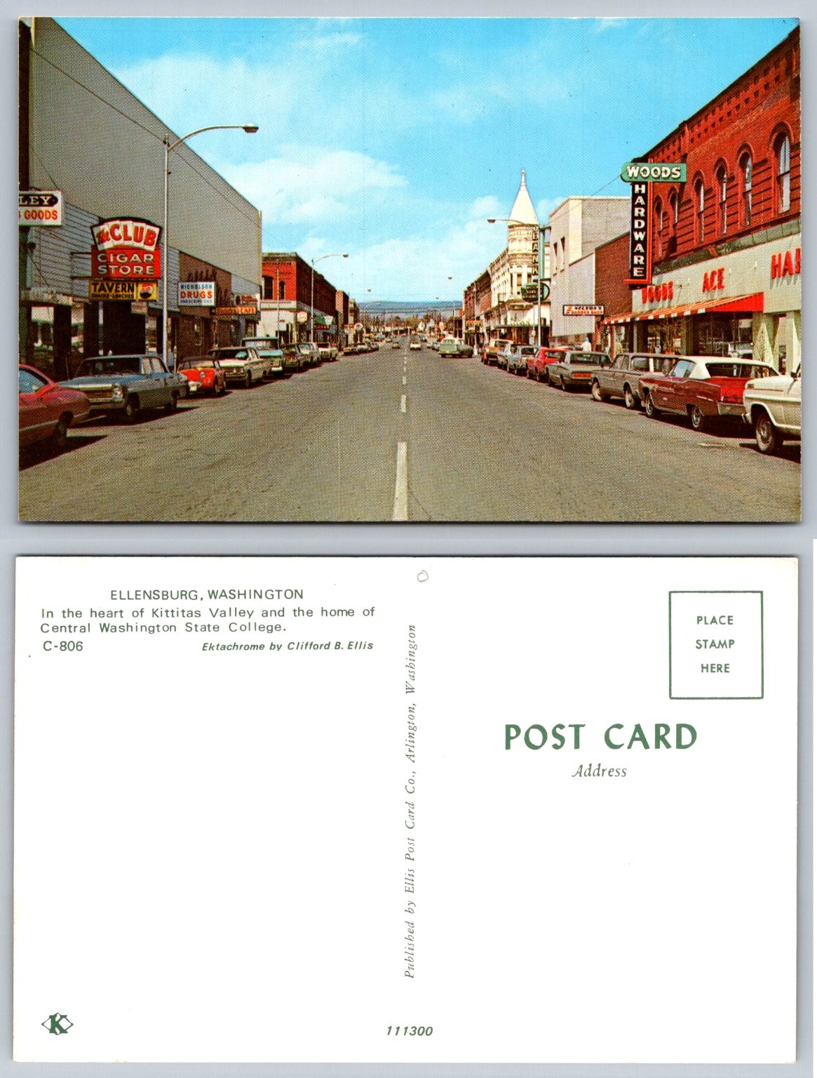 Ellensburg WA Main Street Vintage Cars Club Cigar Store Postcard 1950s-60s Ellensburg WA Main Street Vintage Cars Club Cigar Store Postcard 1950s-60s