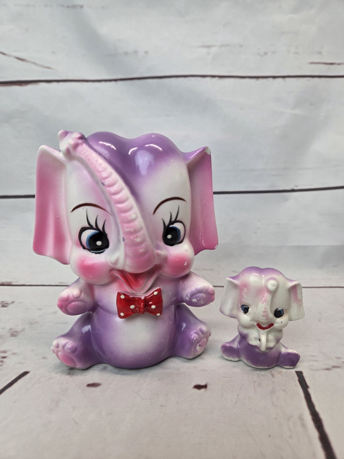 Vintage Arnart Polka Dot Bowtie Elephant Purple With Baby Flat Faced Vintage Arnart Polka Dot Bowtie Elephant Purple With Baby Flat Faced
