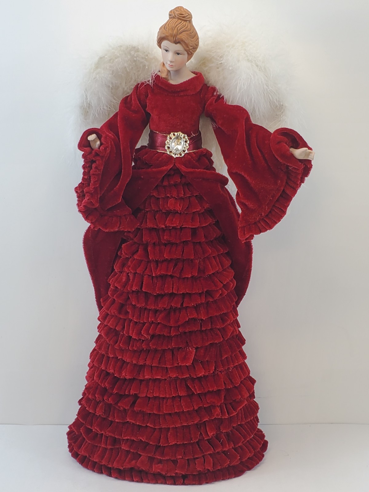Large Victorian Christmas Tree Topper Detailed Porcelain Face And Red Gown VTG 