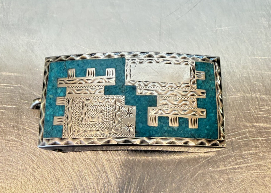 Vintage Plata de Jalisco Sterling Silver & Turquoise Chip Inlay Belt Buckle-925 Vintage Plata de Jalisco Sterling Silver & Turquoise Chip Inlay Belt Buckle-925